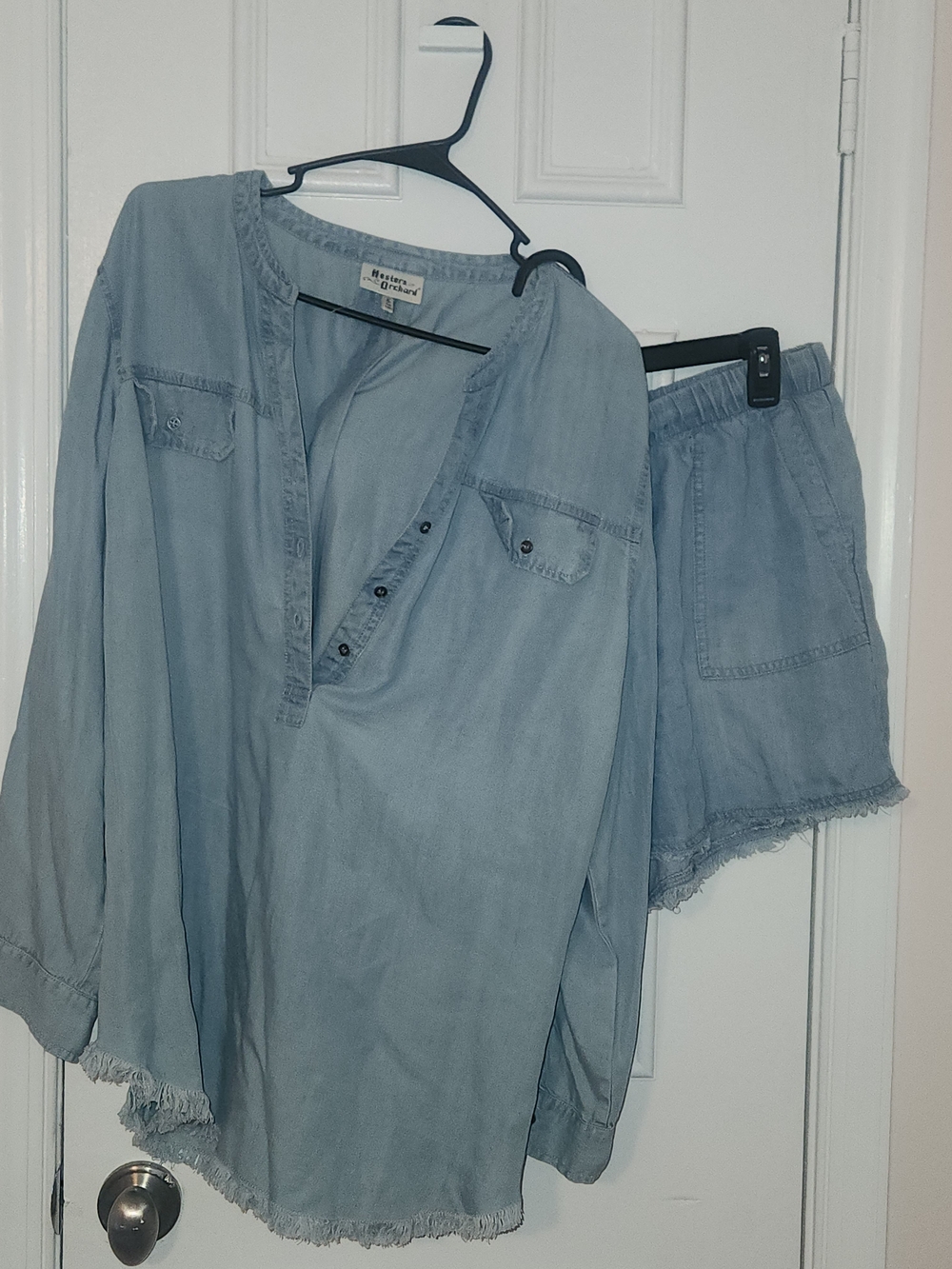 Light Blue Denim-Look Frayed Hem Shorts & Shirt